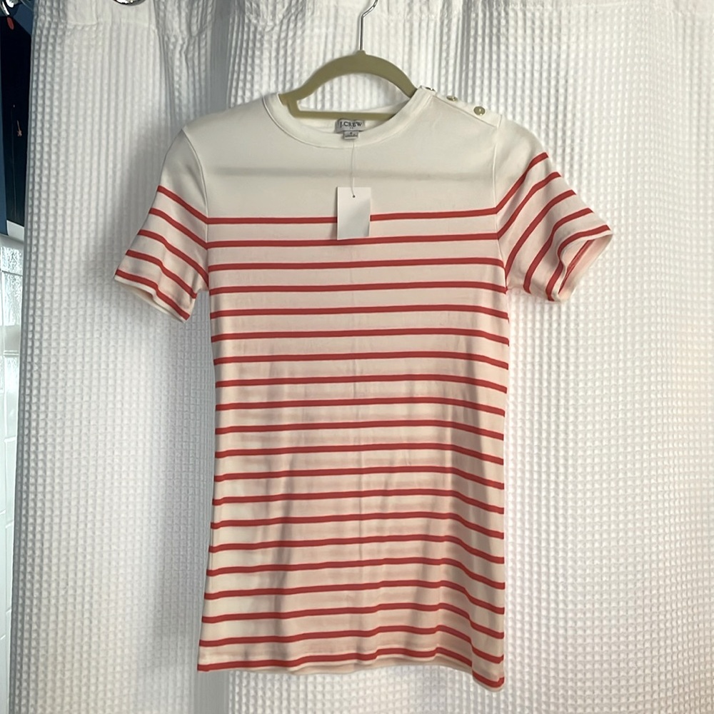 Orange/Red striped J. Crew shirt with gold button detail.